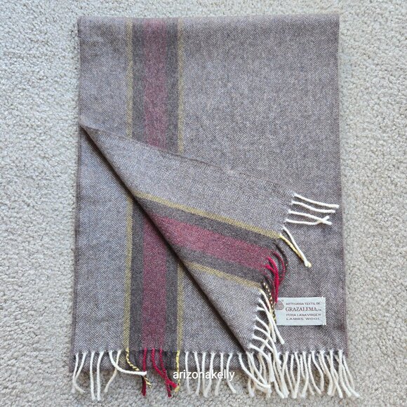 NWOT Wool Herringbone Scarf Brown with Burgundy & Yellow Stripe - Picture 2 of 11